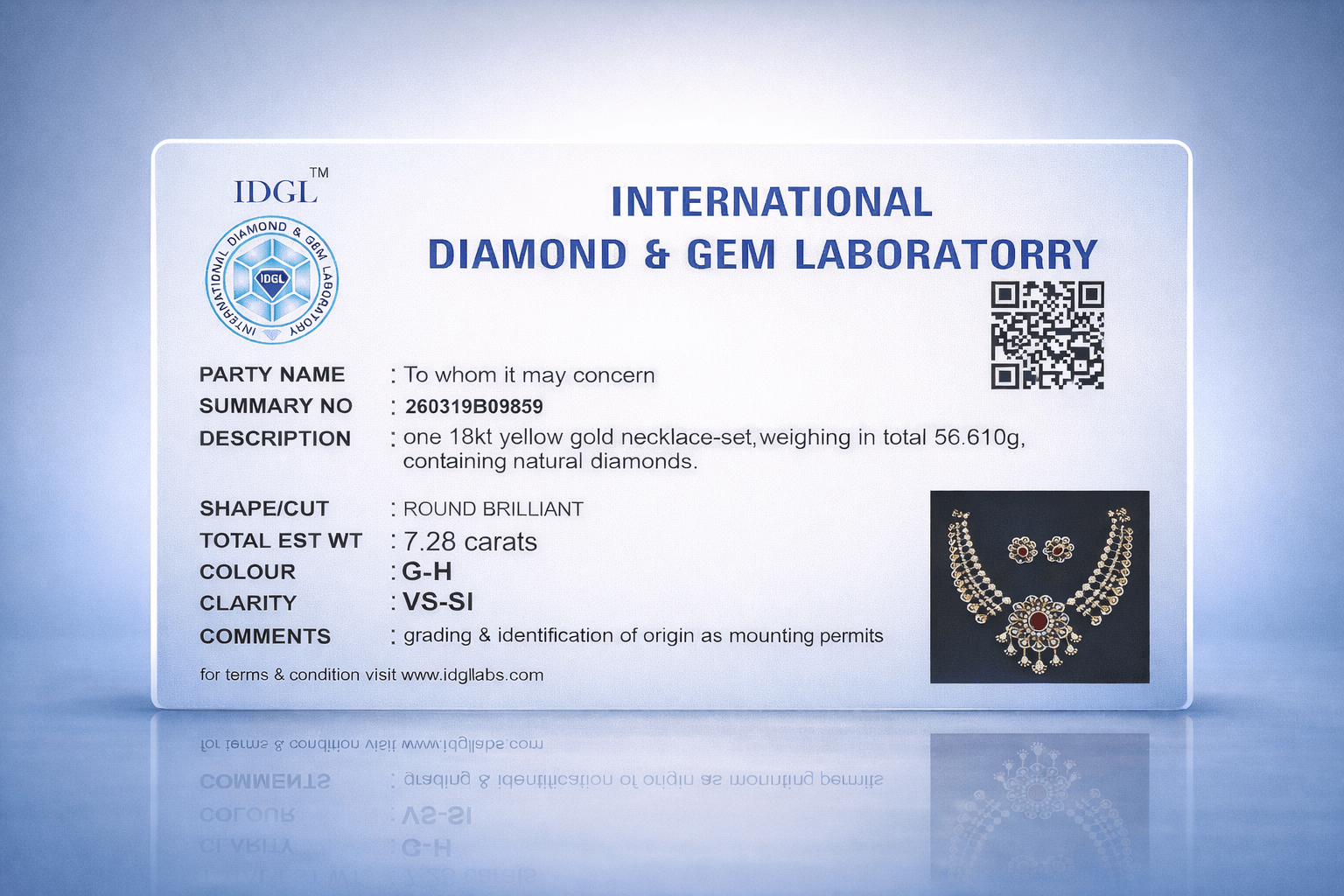 Natural diamond jewellery certification report